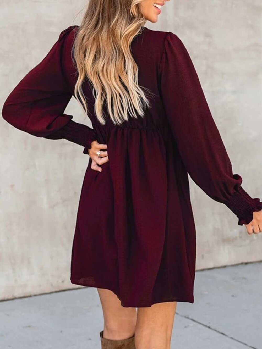 Cupshe Maroon Smocked V Neck Mini Dress Long Sleeve Size Large - Picture 6 of 9